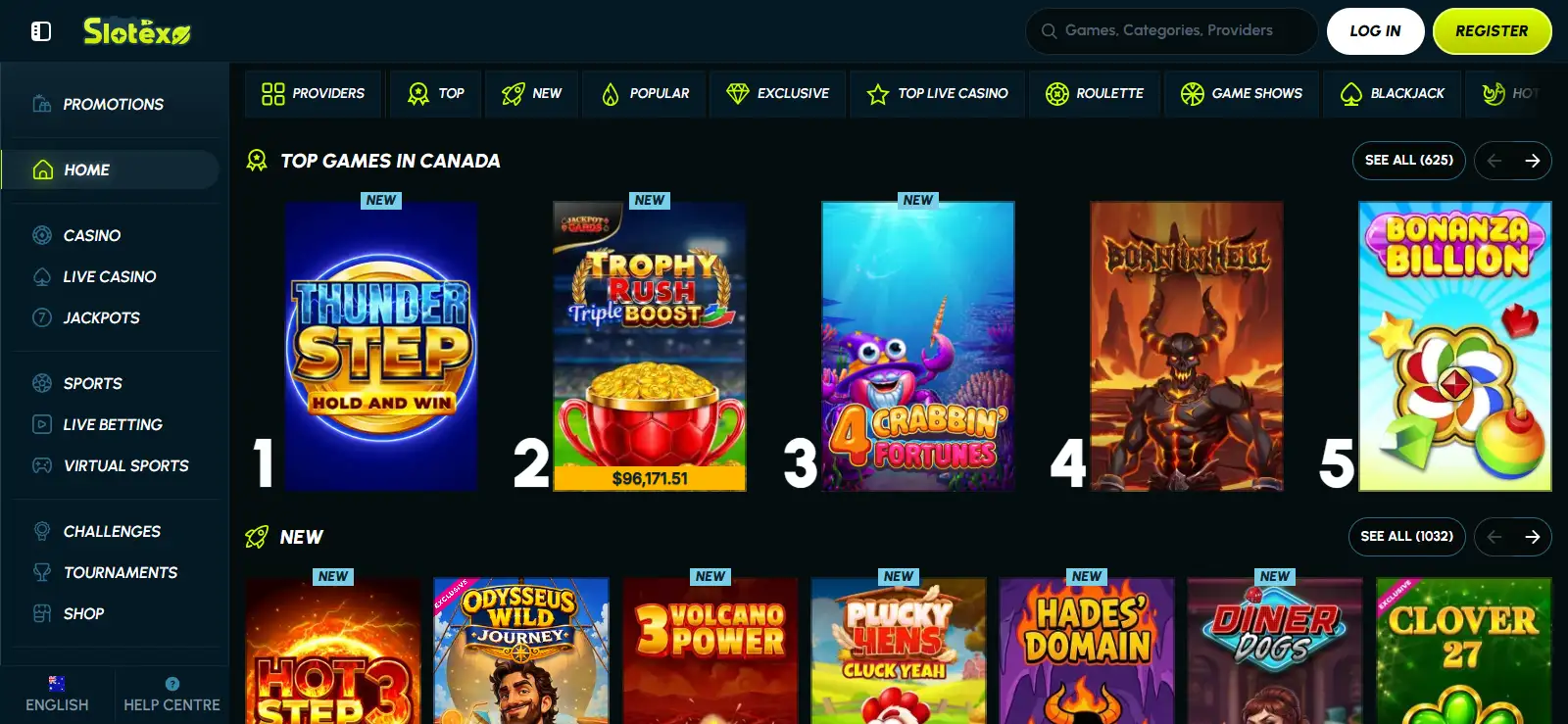 Current Slotexo Australia homepage interface