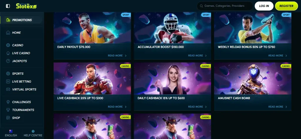 Current Slotexo Australia promotions page showing reload and cashback offers