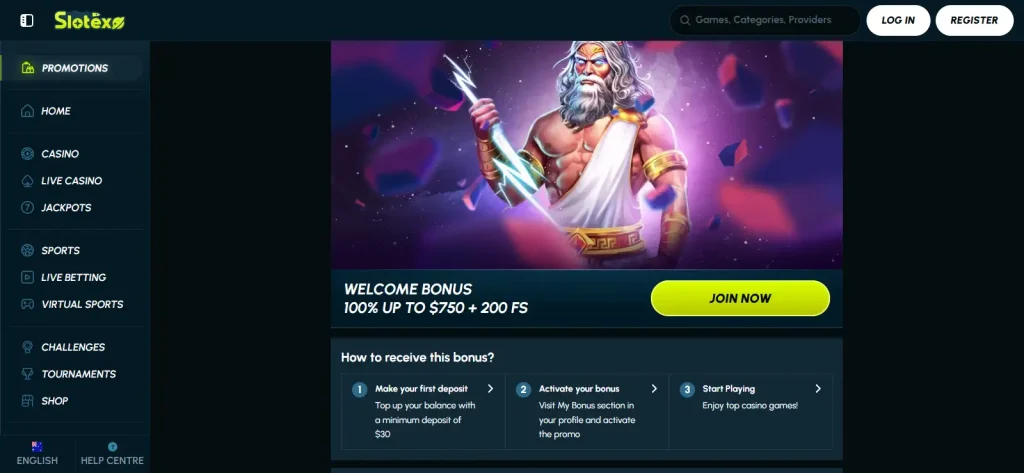 Current Slotexo Australia welcome bonus page showing the AUD offer and terms