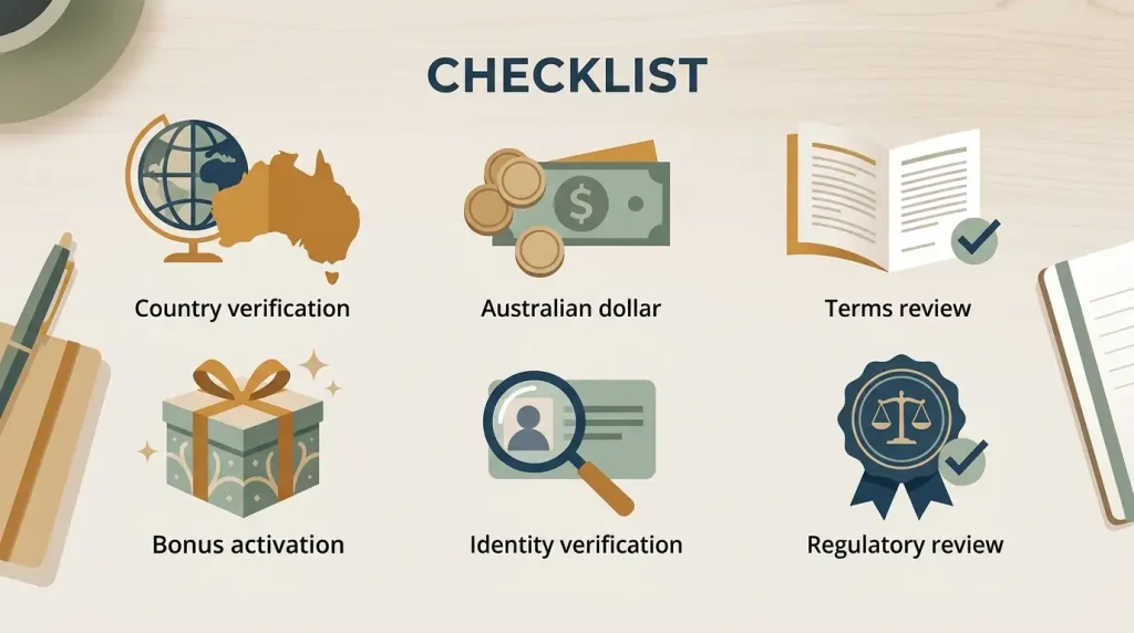 Editorial checklist for reviewing a casino registration before depositing in Australian dollars