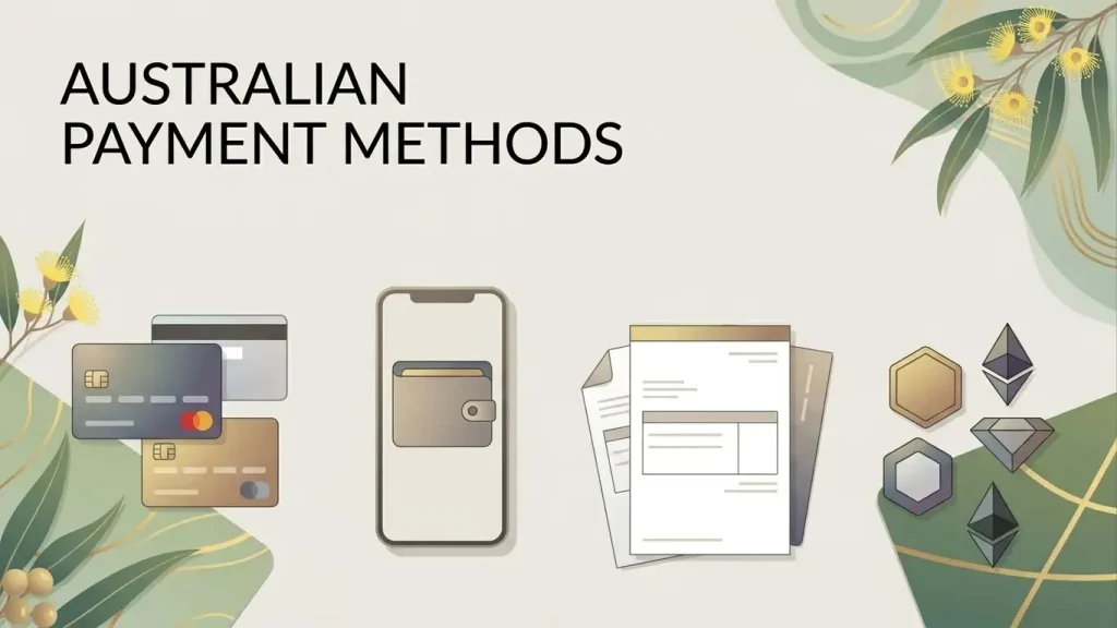 Editorial illustration of Australian dollar casino payment categories including cards, e-wallets, bank transfer and crypto