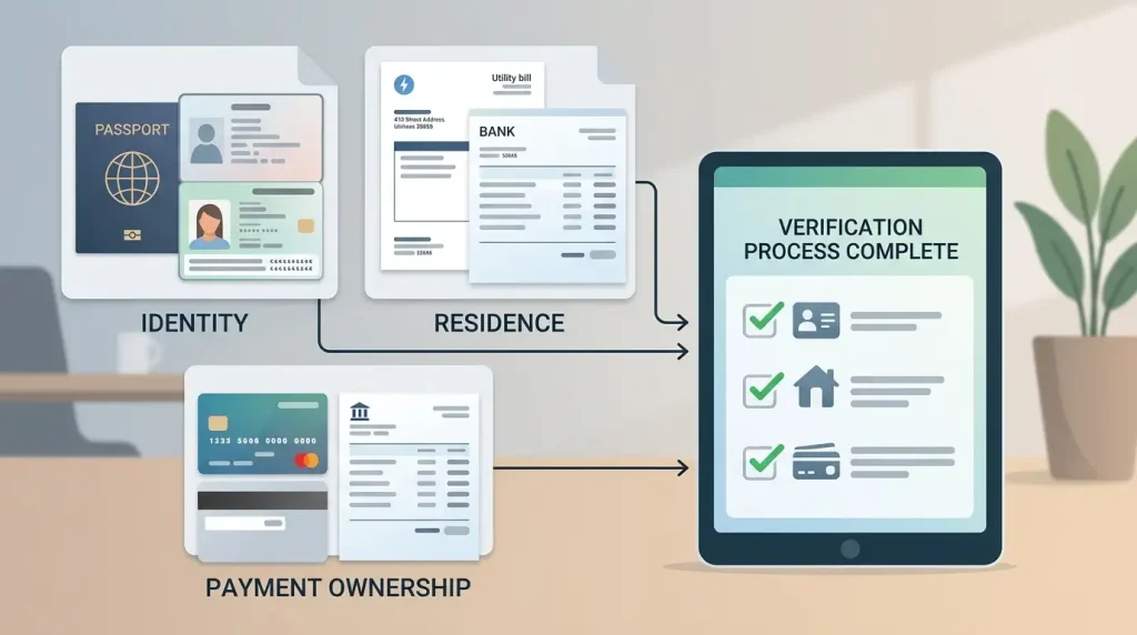 Neutral editorial illustration of identity, address and payment ownership checks for casino KYC