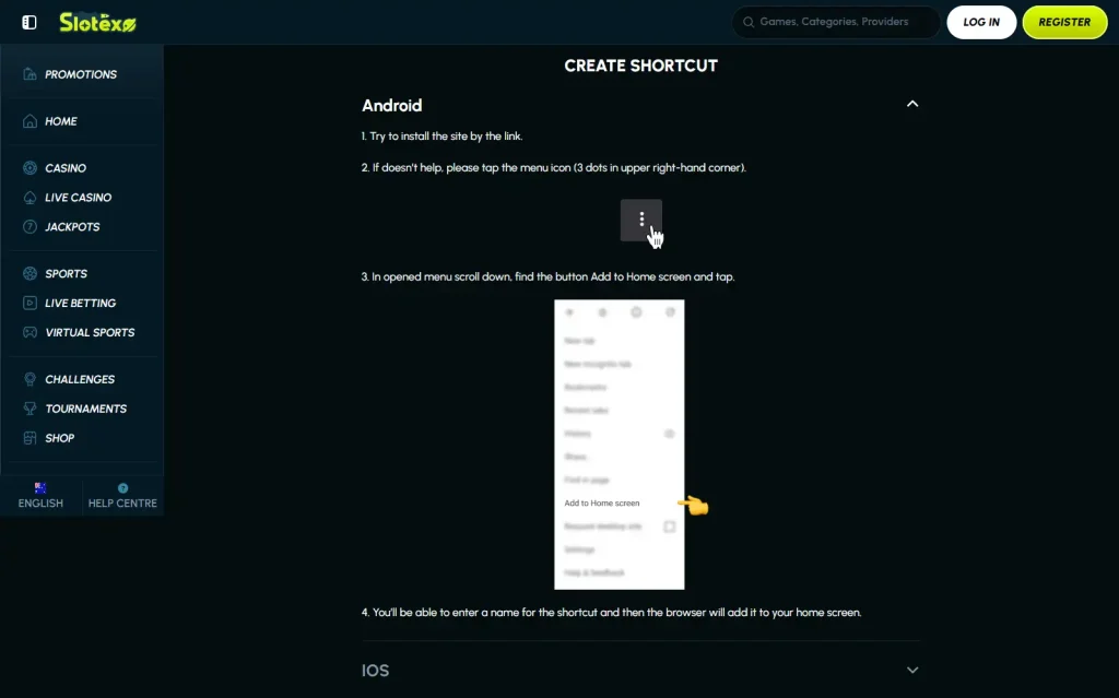 Slotexo official Android and iPhone home-screen shortcut instructions