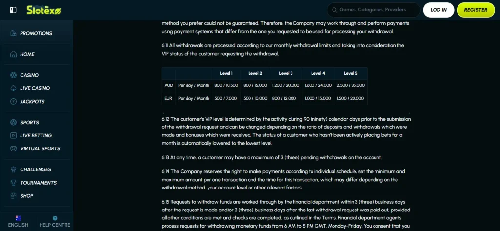View of Slotexo terms showing withdrawal limits or processing conditions