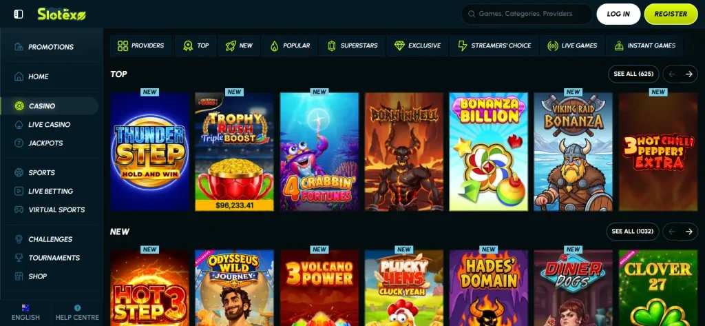 View of the Slotexo Australia casino game lobby with pokies and game categories visible