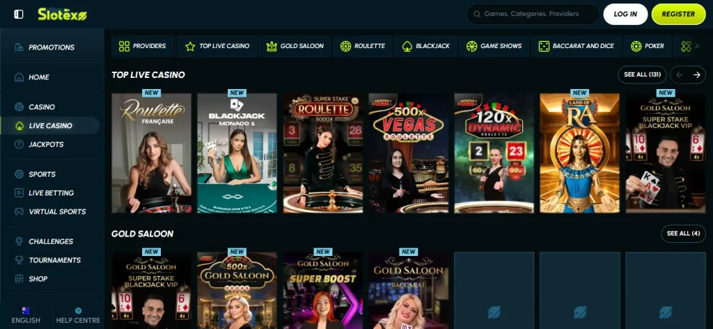 View of the Slotexo Australia live casino section with live table categories visible